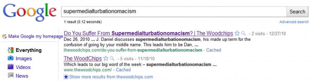 Google's search listing of our new word supermedialturbationomacism, a made up word meaning big confusion over your middle name