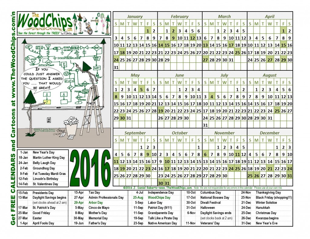 Free 2016 Calendar from TheWoodChips.com