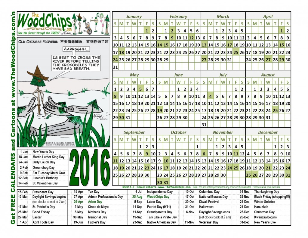 Free 2016 Calendar from TheWoodChips.com