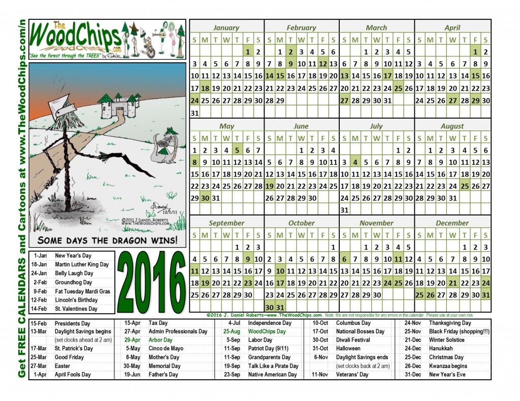 Free 2016 Calendar from TheWoodChips.com