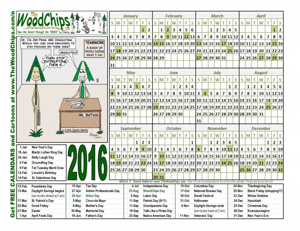 Free 2016 Calendar from TheWoodChips.com