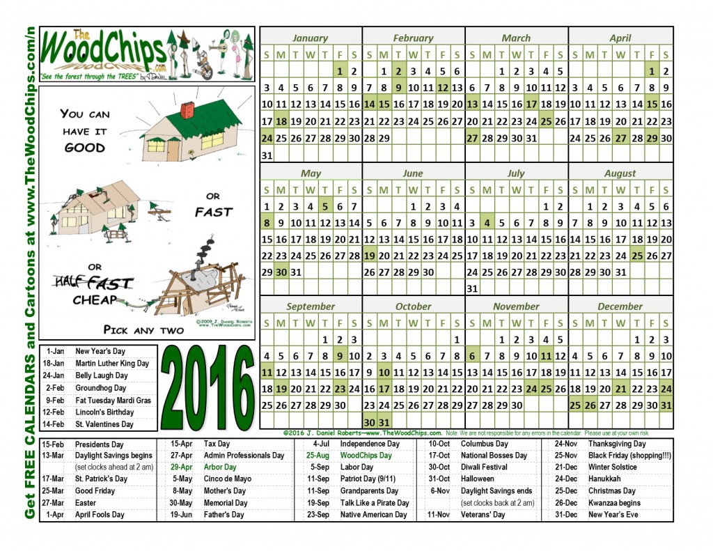 Free 2016 Calendar from TheWoodChips.com