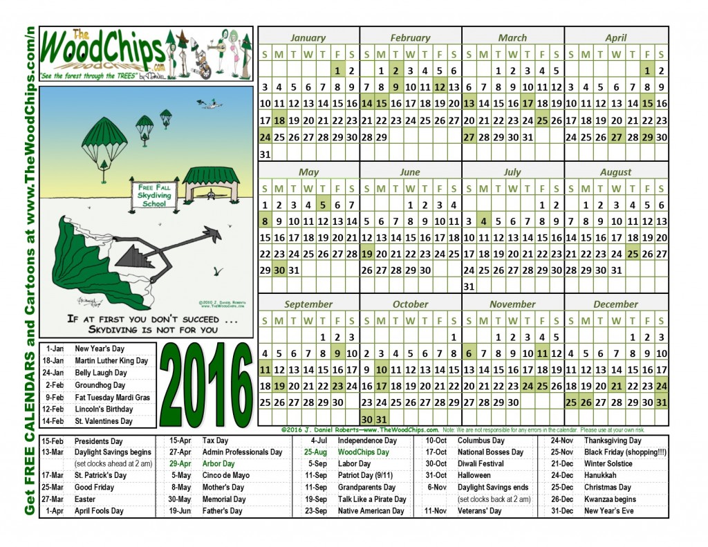 Free 2016 Calendar from TheWoodChips.com