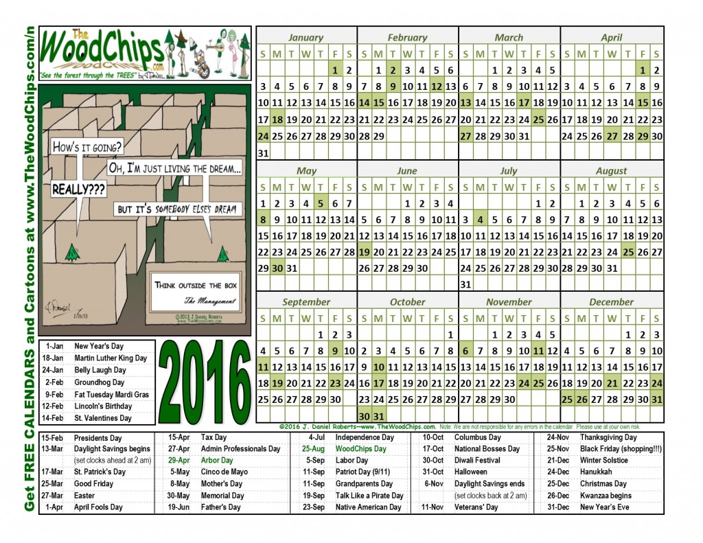 Free 2016 Calendar from TheWoodChips.com