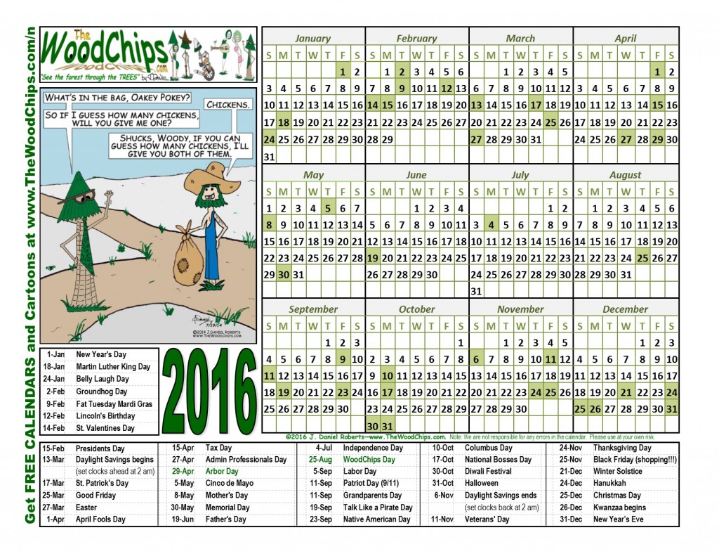 Free 2016 Calendar from TheWoodChips.com