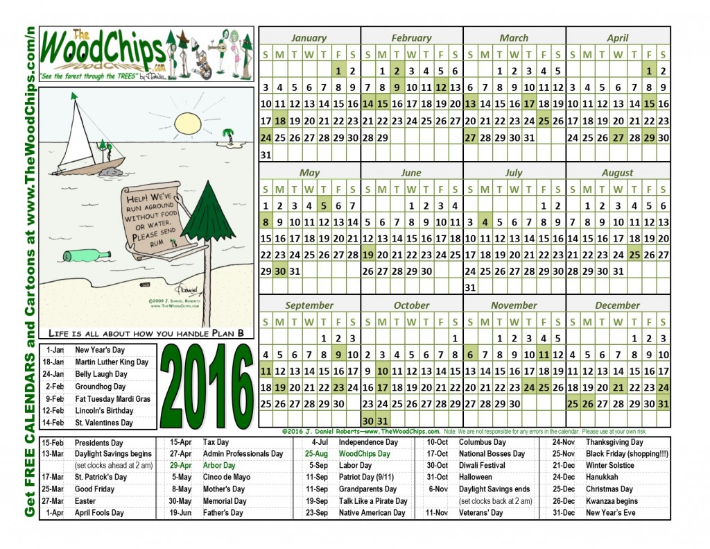Free 2016 Calendar from TheWoodChips.com